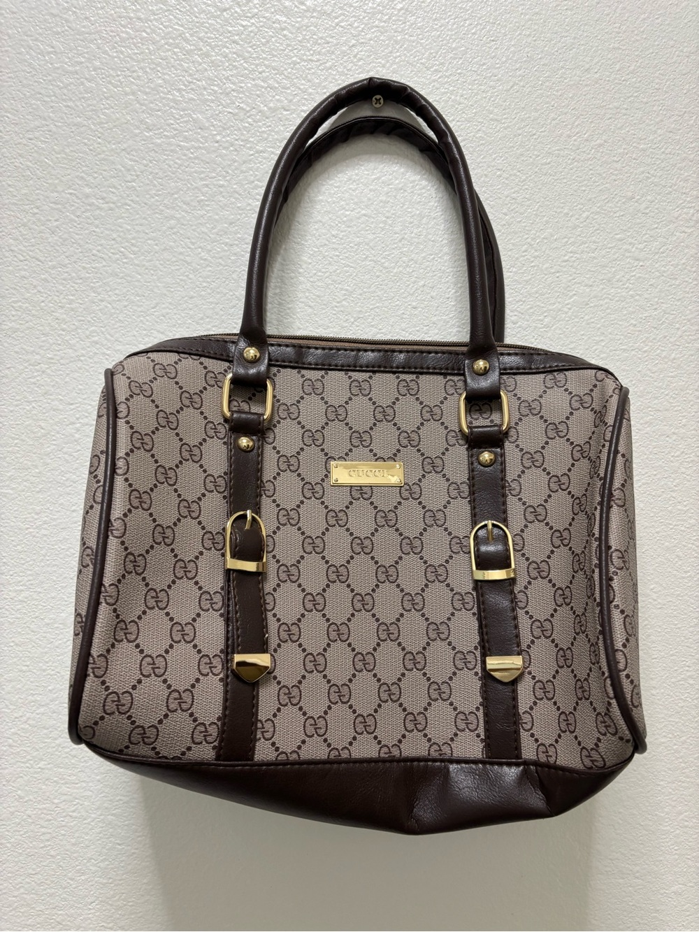 Gucci Beige and Dark Brown GG Canvas Satchel with Gold Hardware
